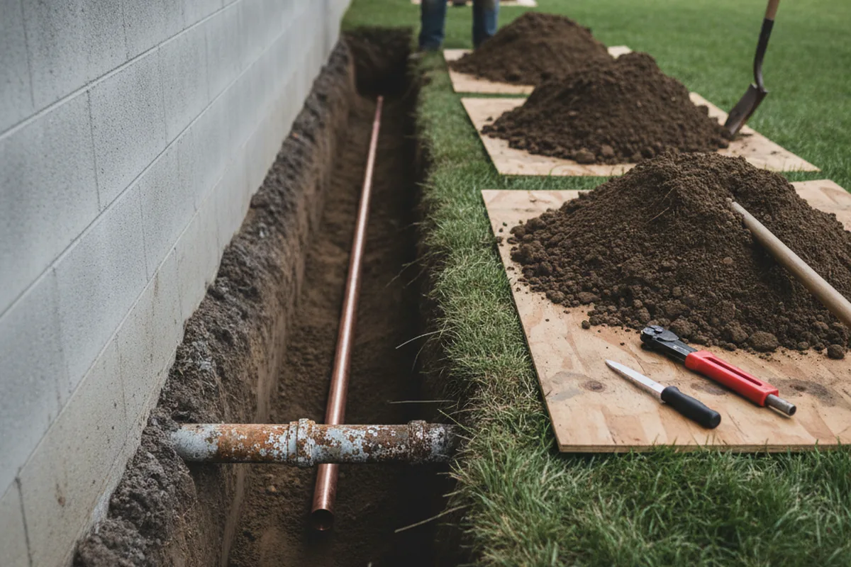 Excavated water line trench during Water Softener Installation in Estherville